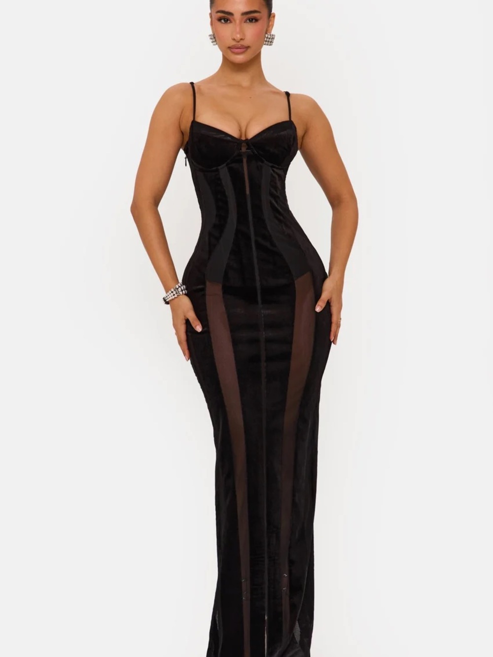 Black Sheer-Panel Sculpting Corset Maxi Chemise
